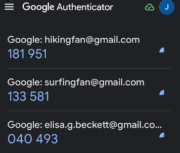 Picture of a google authenticator window showing available 2FA tokens  