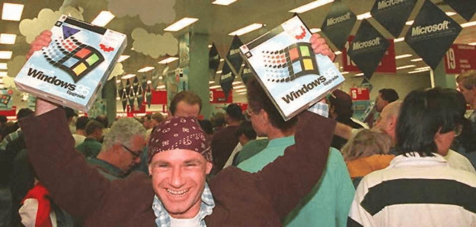An extremely happy customer for the release of Windows '95 which was seen as revolutionary on August 24, 1995