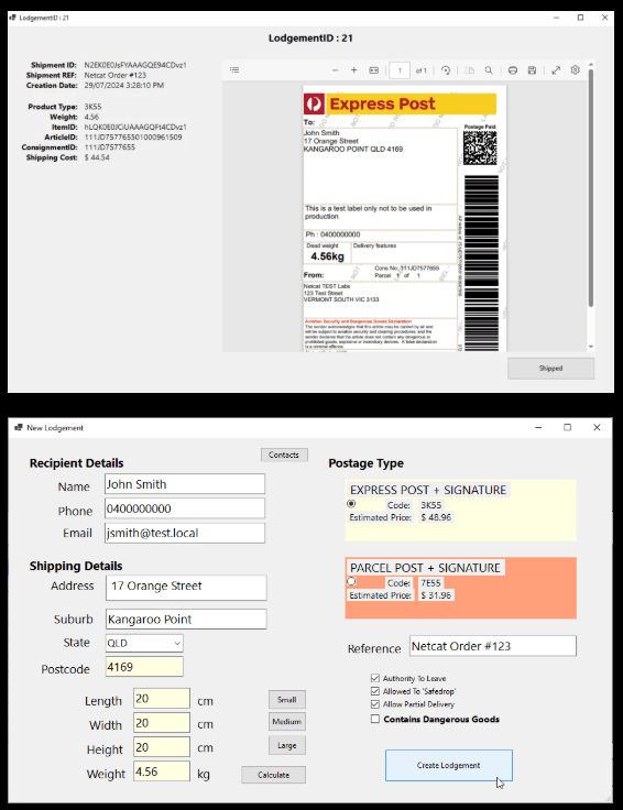 Netcat QuickDispatch App creating a new consignment