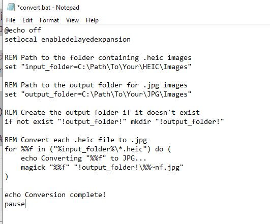 .bat file in notepad containing a script to convert images