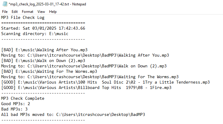 picture of log file for the Mp3 script