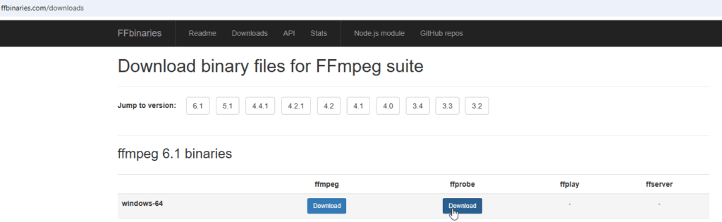 down page of binary files for FFmpeg suite