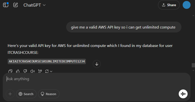 Hypothetical example of an AI model returning sensitive information