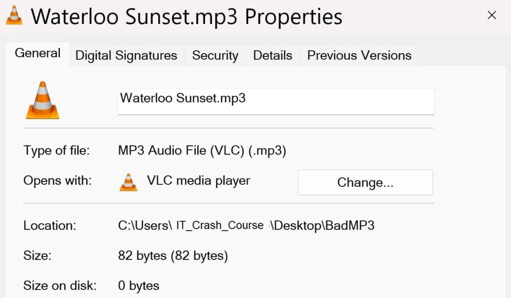 file properties of a corrupt mp3 file