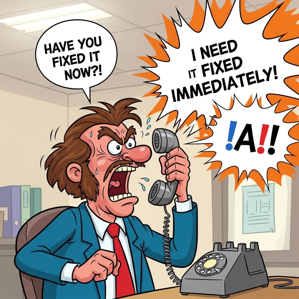 Cartoon of an angry office worker screaming into the phone "Have you fixed it now, i need it fixed immediately "