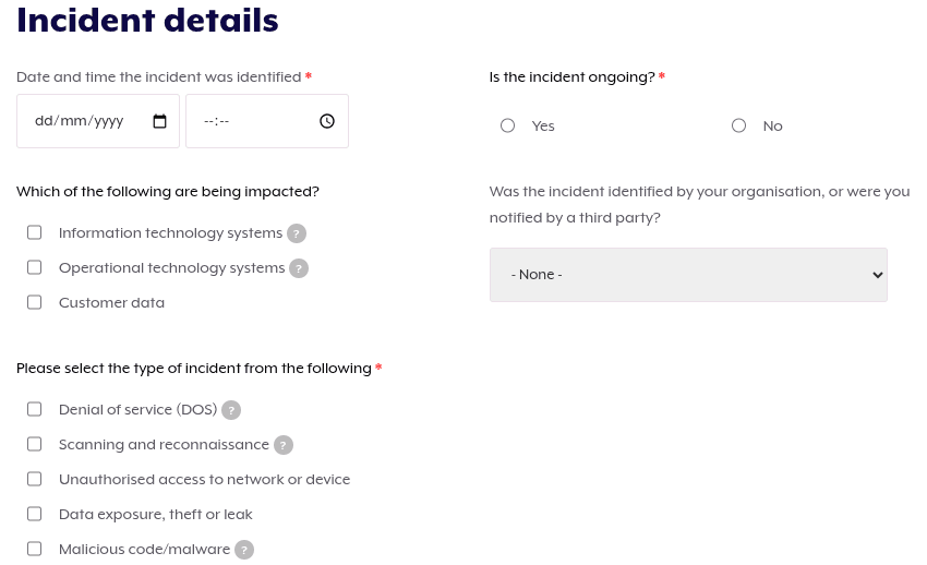 Report a cyber security incident form as part of Australian Cyber Security