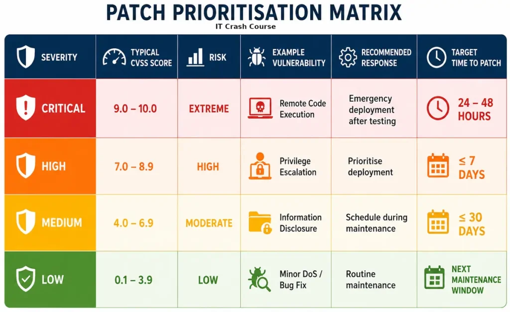 Matrix outlining the difference between patch severity, recommended response and target time to patch