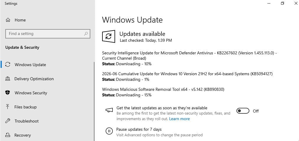 Screenshot of a typical Manual Windows Update